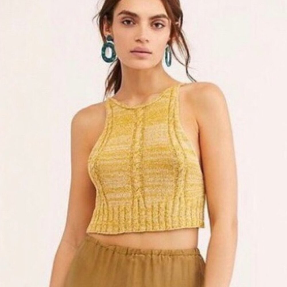 Free People Yellow Knit Crop Halter‎ Top Low Back Bombshell Medium